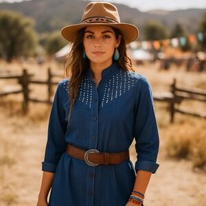 Vintage 80s Petites by Willi Denim Shirt Dress‎ Size 8 USA Made Sequin Yoke